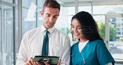 Buy stock photo Doctors, smile and cooperation in hospital, tablet and healthcare with email. Employees, people and medical with professional, tech and results with app for schedule and online reading for treatment
