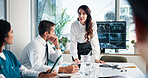 Woman, doctor or discussion with x ray on screen for meeting or planning surgery in boardroom. Female person, speaker or medical team with CT scan or display for health exam, diagnosis or results