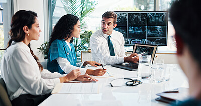 Buy stock photo Man, doctor or discussion with x ray on screen for planning surgery or meeting in boardroom. Male person, speaker or medical team with CT scan or display for health exam, diagnosis or clinic results