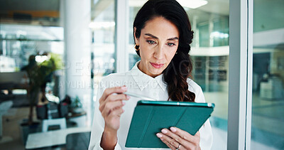 Buy stock photo Thinking, businesswoman and research with tablet in office, reading and case report for attorney. Career, female person and corporate lawyer with digital for review, legal aid or solution for justice