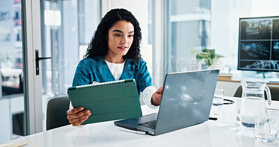Buy stock photo Woman, nurse or research with tablet or laptop for medical study or discovery at hospital. Female person, employee or healthcare worker browsing on technology for telehealth app or results at clinic