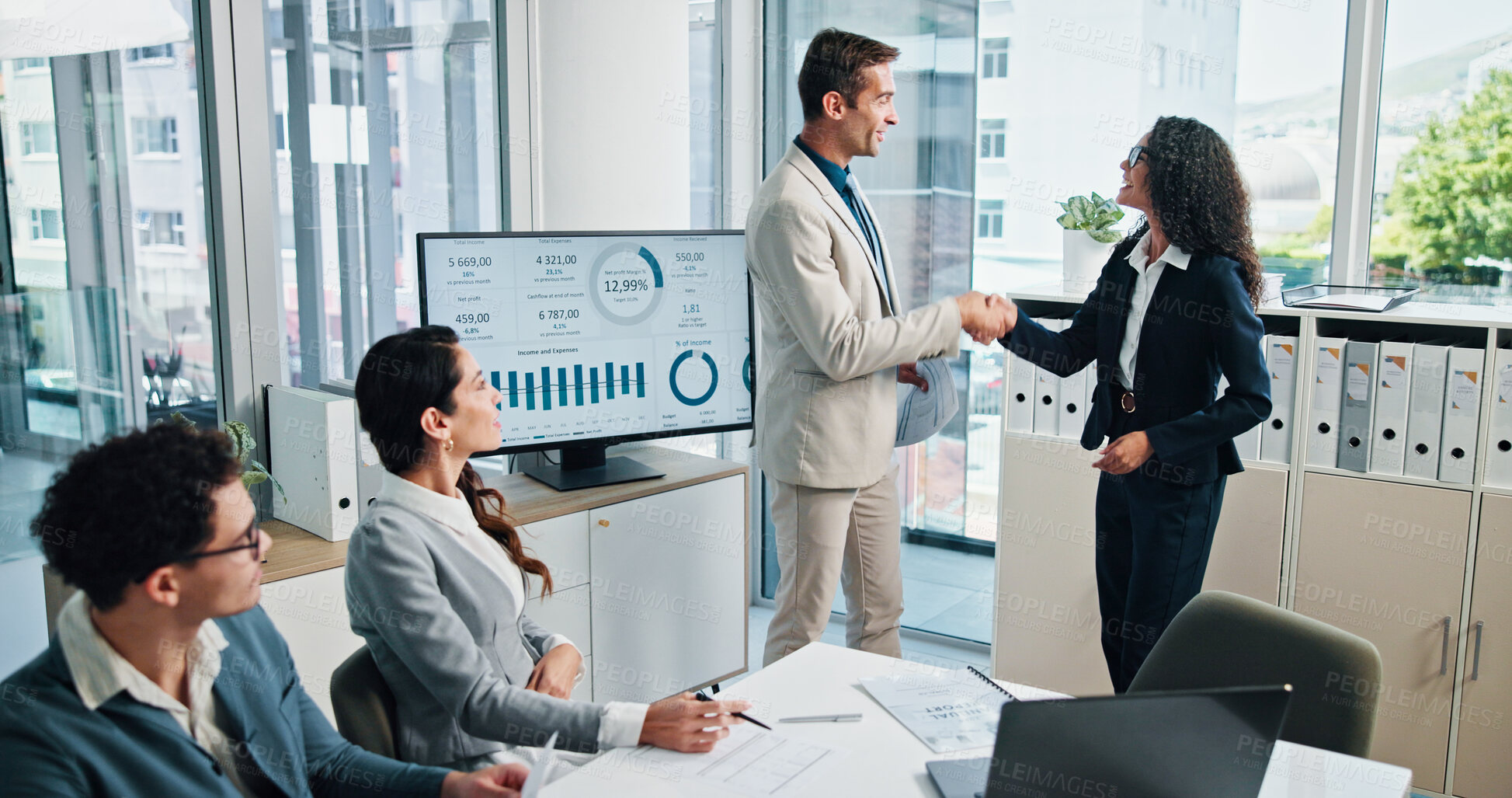 Buy stock photo Meeting, finance or business people shaking hands in presentation for planning, charts or capital growth. Handshake, data analytics or financial advisor with investor, graphs or executive directors