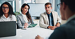 Finance, listen or business people with shareholders in meeting for planning, charts or capital growth. Manager, budget graphs or financial advisors in negotiation with executive directors in office