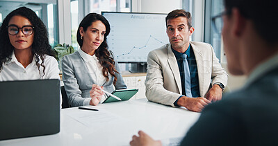 Buy stock photo Finance, interview or business people with investor in meeting for planning, charts or capital growth. Manager, budget graphs or financial advisors in negotiation with executive directors in office