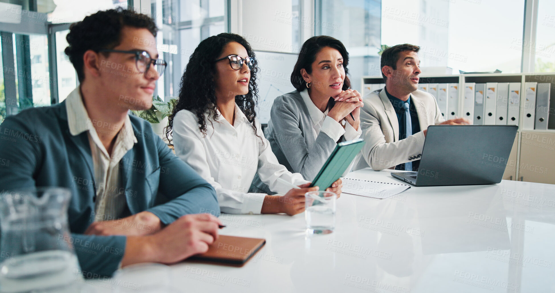 Buy stock photo Meeting, listen or business people with manager in interview for planning or capital growth. Shareholders, contract negotiation or financial advisors in company with executive directors in office