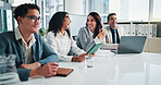 Happy, listen or business people with shareholders in presentation for planning, finance profit or capital growth. Manager, funny joke or financial advisor laughing in meeting with team of directors