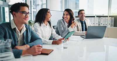 Buy stock photo Happy, listen or business people with investors in presentation for planning, finance profit or capital growth. Manager, funny joke or financial advisor laughing in meeting with team of directors