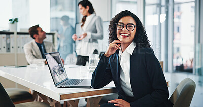 Buy stock photo Office, businesswoman and portrait with laptop in meeting, about us or research for stock market. Boardroom, female person or trader with smile for financial performance, risk management or corporate