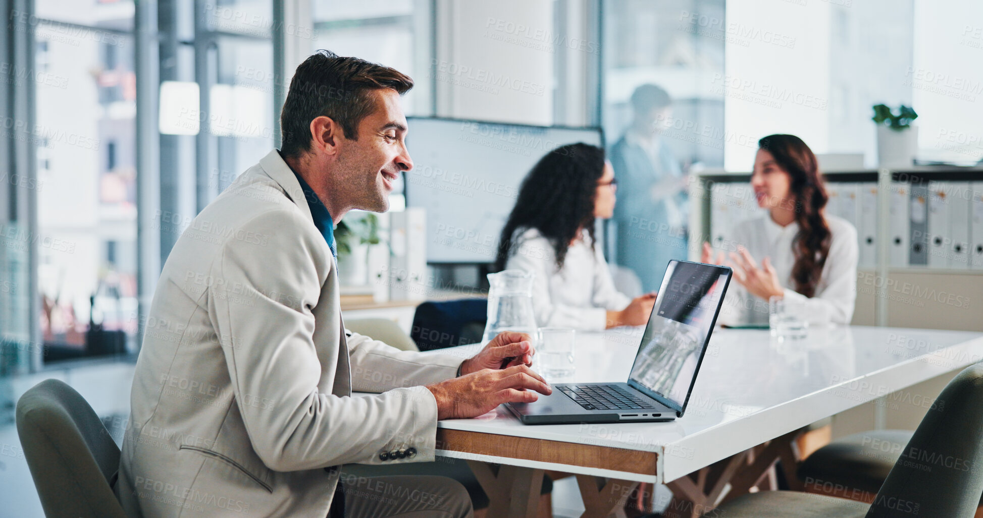 Buy stock photo Business people, laptop and man in office, internet and research for project, planning and website info. Group, employees and consultant in workplace, computer and connection with IT specialist