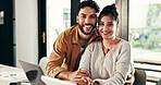 Home, couple and portrait with hug for budget, track expenses and laptop for finance goal. House, woman and man with tablet for partnership, support and digital savings for mortgage bills with smile
