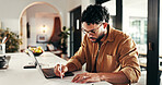 Finance, man and laptop with writing in home for financial assessment, account summary and budgeting. Paperwork, planning and asset management with investment portfolio, statement report and expenses