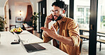 Phone call, talking and man with laptop, coffee shop and communication for project, freelancer and web. Remote work, graphic designer and person with tech for business, conversation and planning