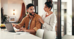 Talk, laptop or happy couple for budget goal, partnership or household bills discussion. Paperwork, profit target or people with invoice for finance report, stocks growth or income salary planning