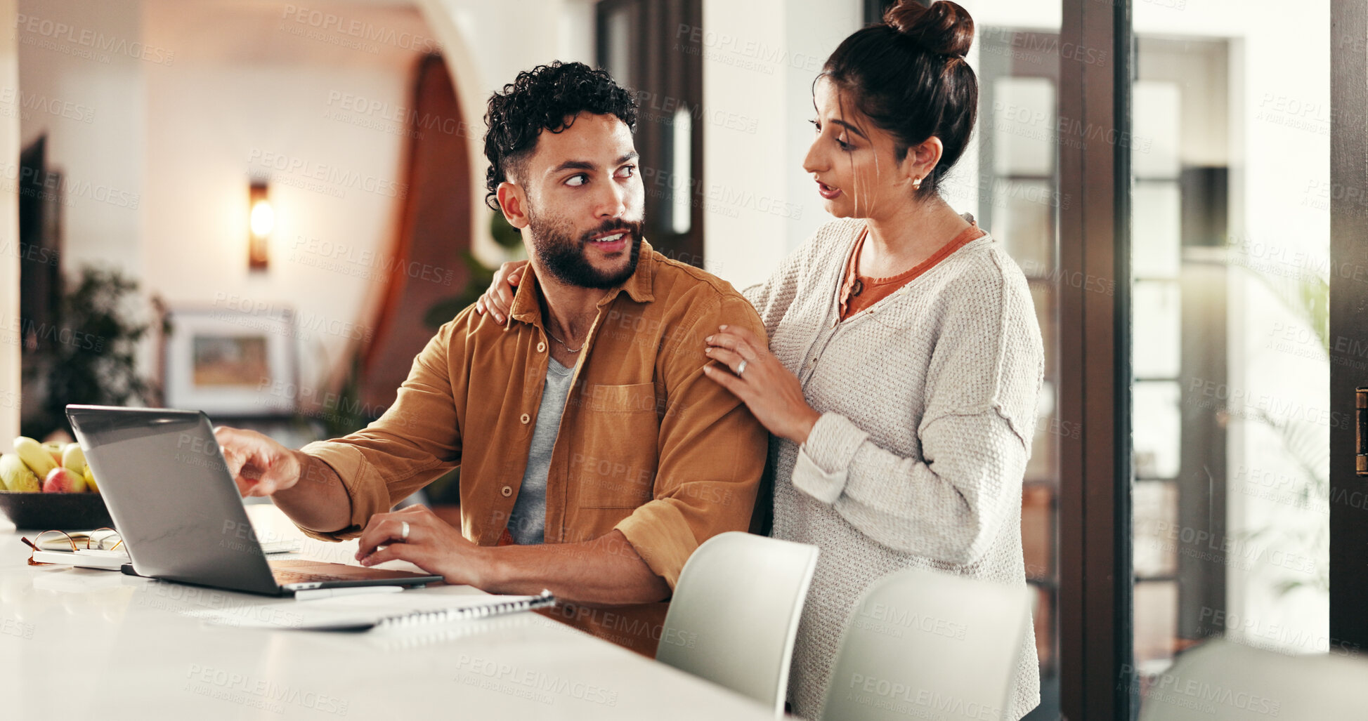 Buy stock photo Talk, laptop or happy couple for budget goal, partnership or household bills discussion. Paperwork, profit target or people with invoice for finance report, stocks growth or income salary planning