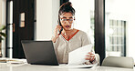 Phone call, paperwork and woman with laptop in home with communication for client feedback. Computer, contact and female event planner with freelance job on mobile discussion for vendor negotiation