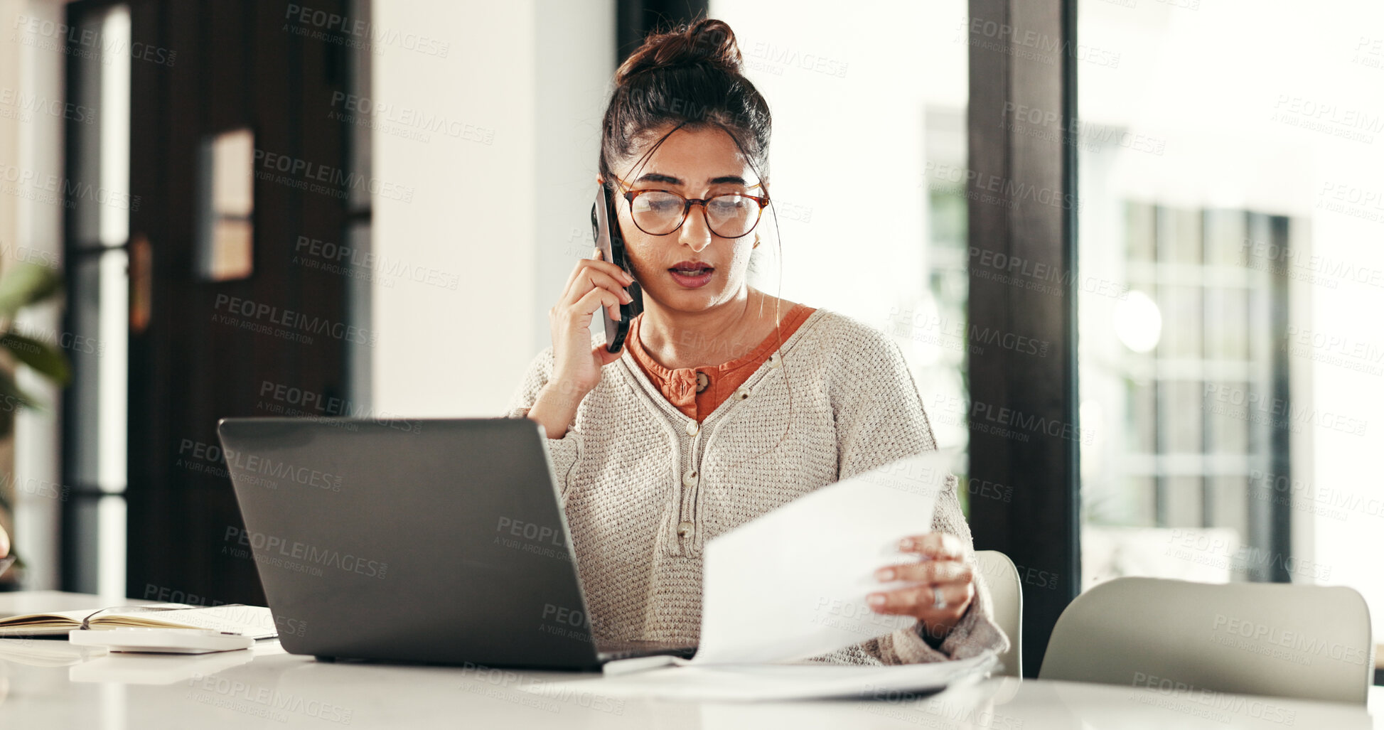 Buy stock photo Phone call, paperwork and woman with laptop in home with communication for client feedback. Computer, contact and female event planner with freelance job on mobile discussion for vendor negotiation
