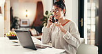 Phone call, remote work and woman with laptop in home with communication for client feedback. Computer, contact and female event planner with freelance job on mobile discussion for vendor negotiation