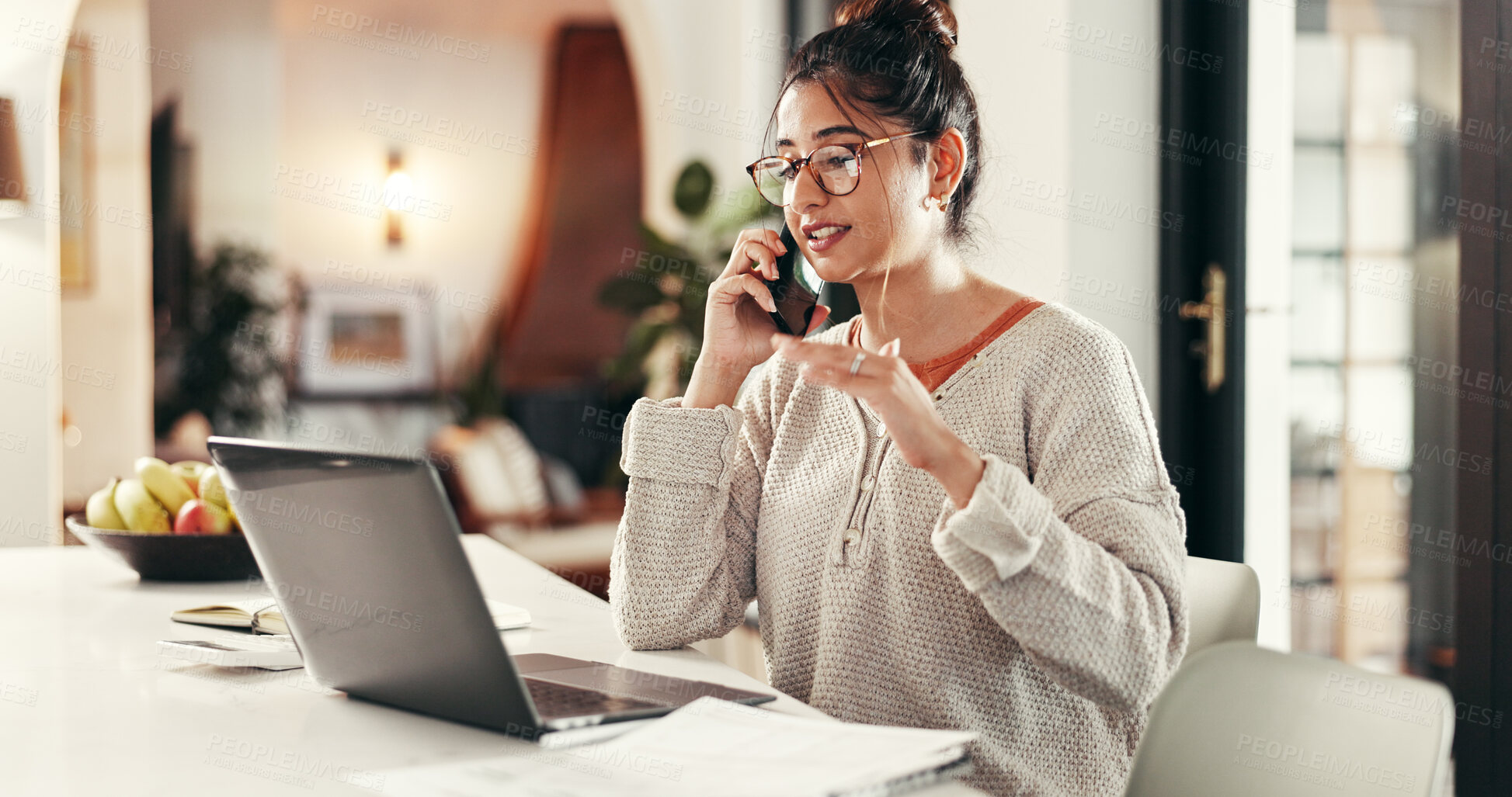 Buy stock photo Phone call, remote work and woman with laptop in home with communication for client feedback. Computer, contact and female event planner with freelance job on mobile discussion for vendor negotiation
