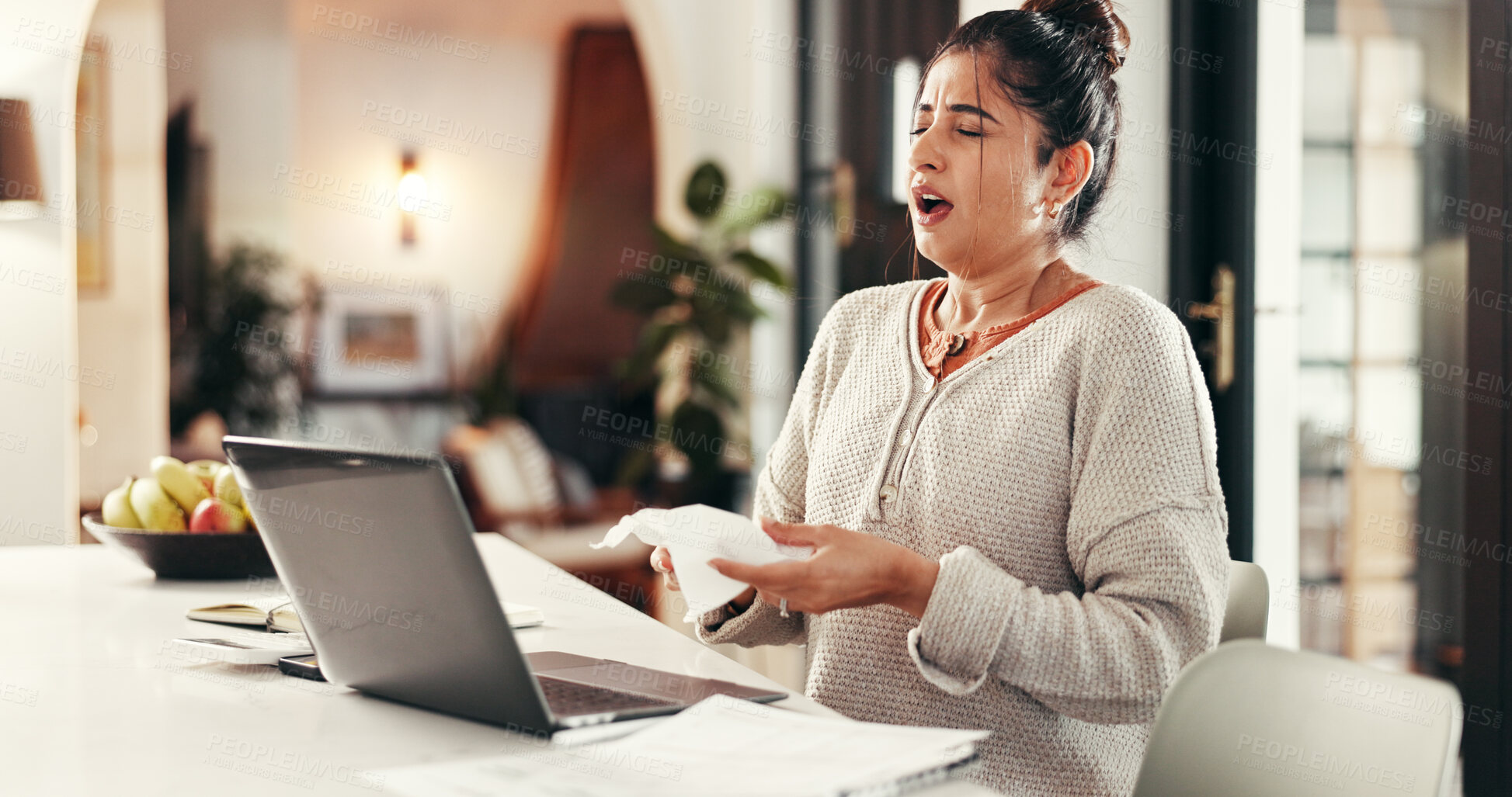 Buy stock photo Freelance, sick and woman sneeze in home for virus, bacteria infection and flu with laptop. Health problem, cold and person with allergy, remote work and tissue for hayfever with disease in kitchen