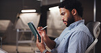 Businessman, graphic designer or writing with tablet for project development or digital layout at office. Man, engineer or working late with technology at night for prototype modeling app or deadline