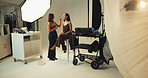 Photography, backstage and model with makeup artist in studio for production, preparation or photoshoot. Creative, media and female person with beautician for magazine editorial with background.