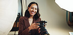 Portrait, woman and photographer with camera in studio for photoshoot results, start catalog and about us. Smile, person and tech with photography bts, film production and editing picture in industry