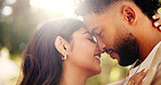 Forehead, smile and couple on date, nature and romance for people on anniversary, love or outdoor. Park, woman and affection for man, happy and together for valentines day, relationship or commitment