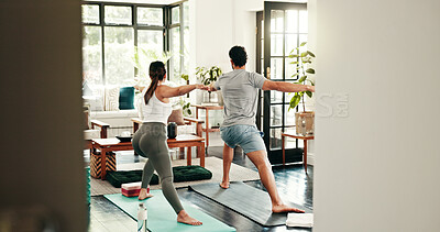 Buy stock photo Home, yoga and couple stretching for exercise, mobility workout or healthy body together. Yogi, man and woman with warrior pose for back wellness, balance and pilates with flexibility for fitness