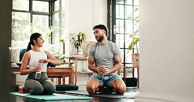 Buy stock photo Couple, exercise and break on floor in home with smile, discussion and water with bonding in lounge. Man, woman and happy hydration for support, progress and motivation for health, fitness or pilates