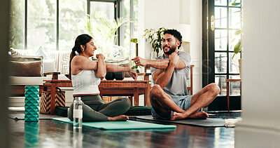 Buy stock photo Yoga, stretching and couple in home for exercise, workout and warm up for wellness, health and pilates. Morning, apartment and man with woman bonding for fitness, support and flexibility in lounge
