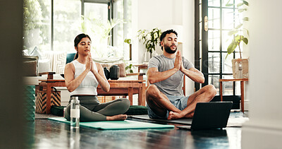 Buy stock photo Yoga, meditation or breath with couple in living room for mental health, relax or pilates tutorial. Fitness, tech or video for bonding with people with chakra balance, mindfulness or wellness in home