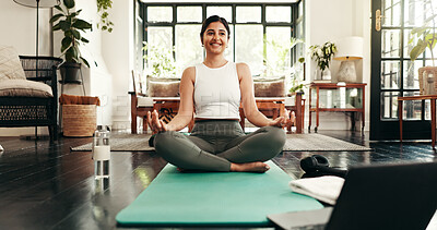 Buy stock photo Laptop, meditation and smile with woman in living room of home for health, pilates or wellness routine. Exercise, online course and yoga with happy Indian person in apartment for holistic balance
