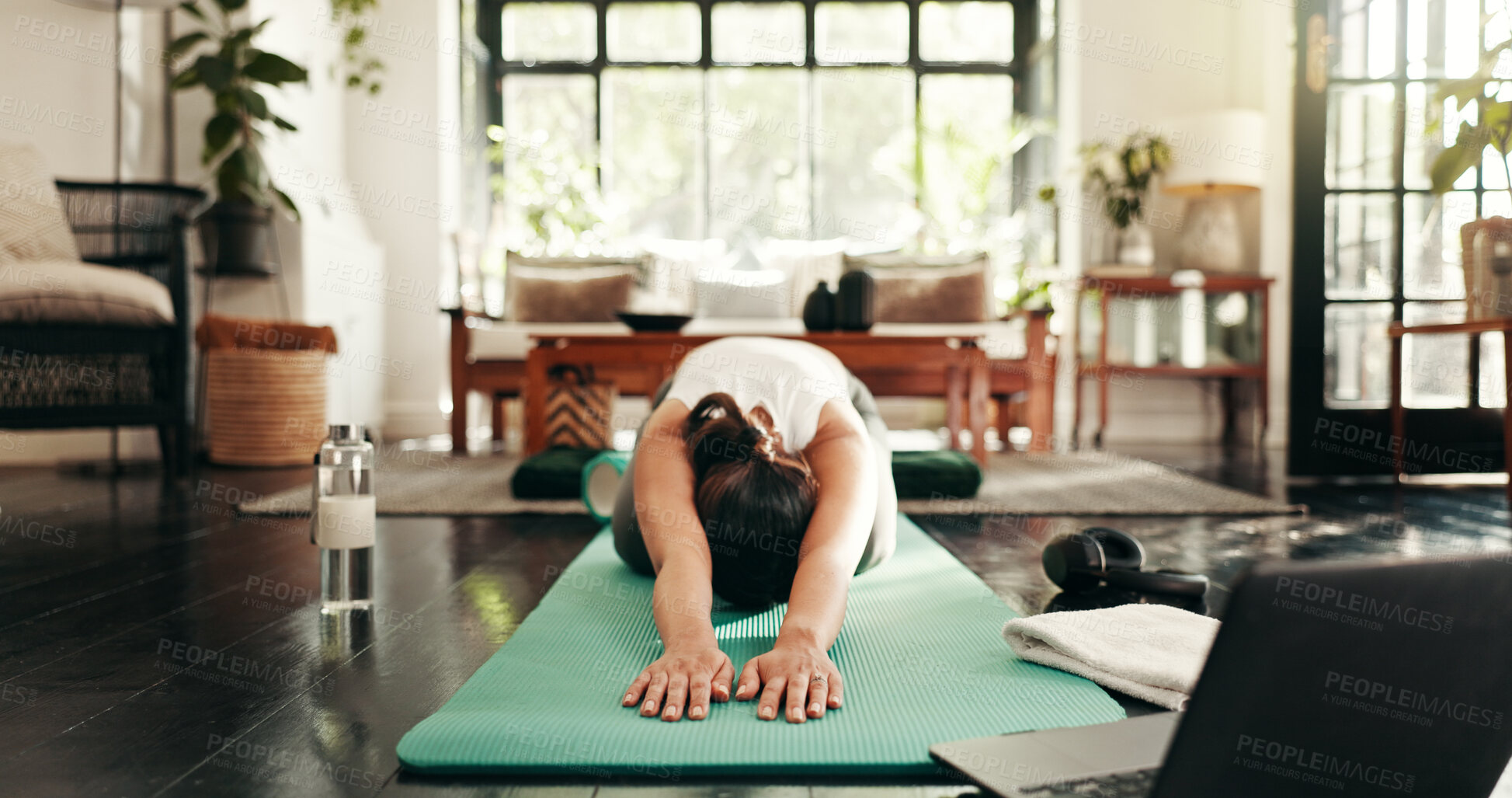 Buy stock photo Home, stretching and woman with laptop, meditation and calm with workout, balance and fitness. Person, apartment and girl in lounge, computer and spine training with wellness, health or virtual class
