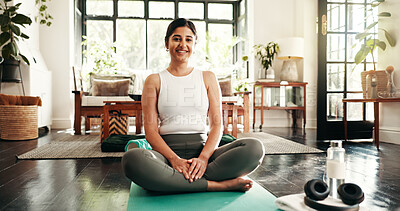 Buy stock photo Portrait, smile and yoga with woman in living room of home for health, pilates or wellness routine. Exercise, fitness and holistic with happy Indian person in apartment for mindfulness or peace