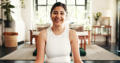 Buy stock photo Portrait, smile and yoga with woman in living room of home for health, pilates or wellness routine. Exercise, fitness and holistic with happy Indian person on floor of apartment for mindful balance