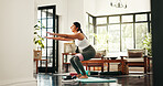 Home, squat and woman with resistance band, yoga and pilates training with balance. Person, stretching and girl in living room, wellness and breathing with break, exercise or fitness with flexibility