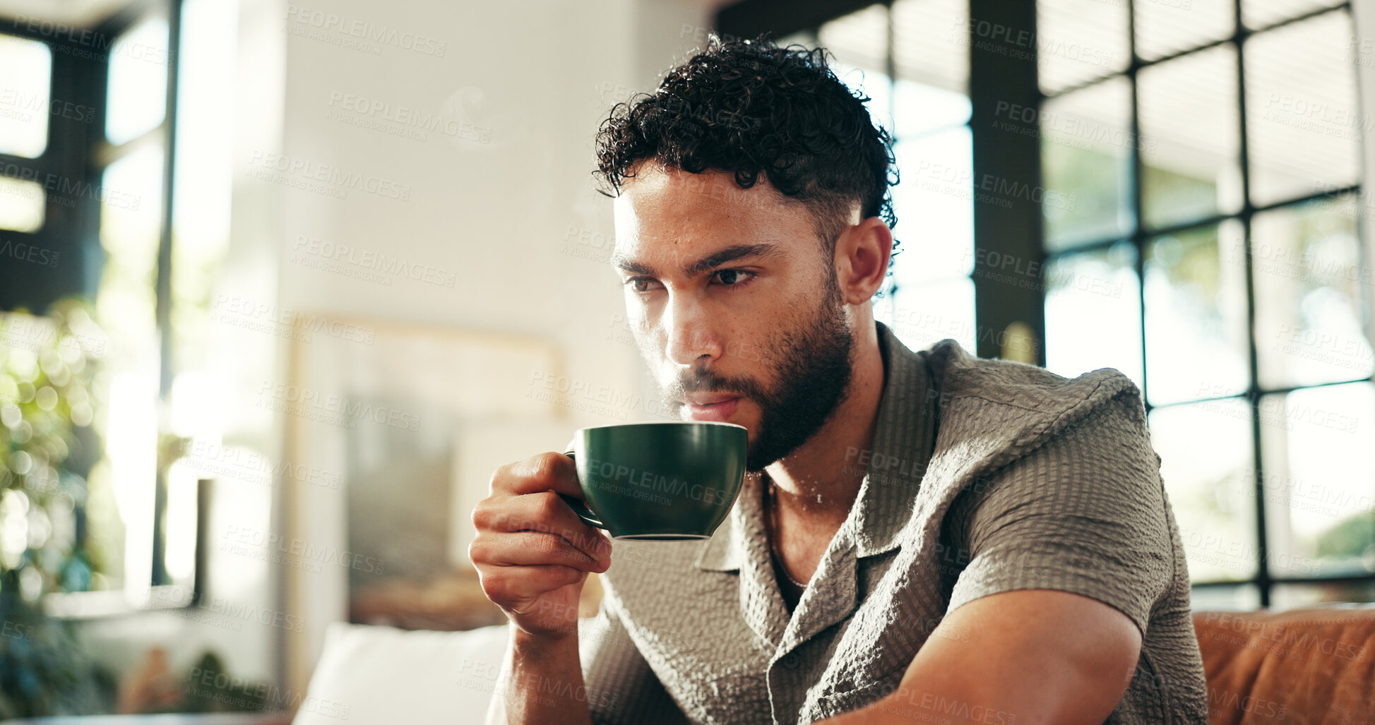 Buy stock photo Calm, drinking and coffee with man on sofa in lounge for aroma, relax and caffeine beverage. Inspiration, espresso and morning with person in living room at home for latte cup, cappuccino and break
