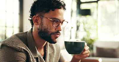 Buy stock photo Glasses, thinking and coffee with man on sofa in lounge for reflection, calm and caffeine beverage. Inspiration, espresso and morning with person in living room at home for latte, drinking and idea