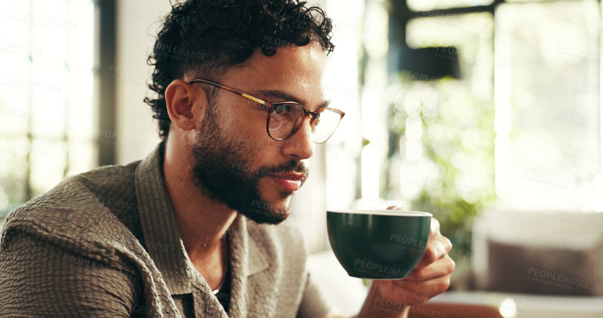 Buy stock photo Glasses, thinking and coffee with man on sofa in lounge for reflection, calm and caffeine beverage. Inspiration, espresso and morning with person in living room at home for latte, drinking and idea