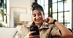Chat, relax and phone with woman on sofa in lounge for networking app, social media post and smile. Connection, download and update with person in living room of home for reading, scroll and update 