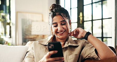 Buy stock photo Chat, relax and phone with woman on sofa in lounge for networking app, social media post and smile. Connection, download and update with person in living room of home for reading, scroll and search