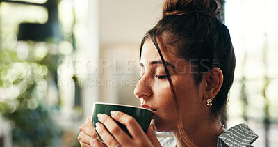 Buy stock photo Relax, drinking and coffee with woman on sofa in lounge for aroma, calm and caffeine beverage. Inspiration, espresso and morning with person in living room at home for latte cup, tea and break