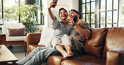 Buy stock photo Selfie, peace sign and smile with couple on sofa for social media update, profile picture post and relax. Happiness, bonding and phone for photography with man, woman and love in living room of home