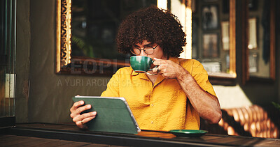 Buy stock photo Student, coffee and tablet with man in cafe on campus for college research, education or learning portal. University website, reading and drinking with person in restaurant for online and scholarship