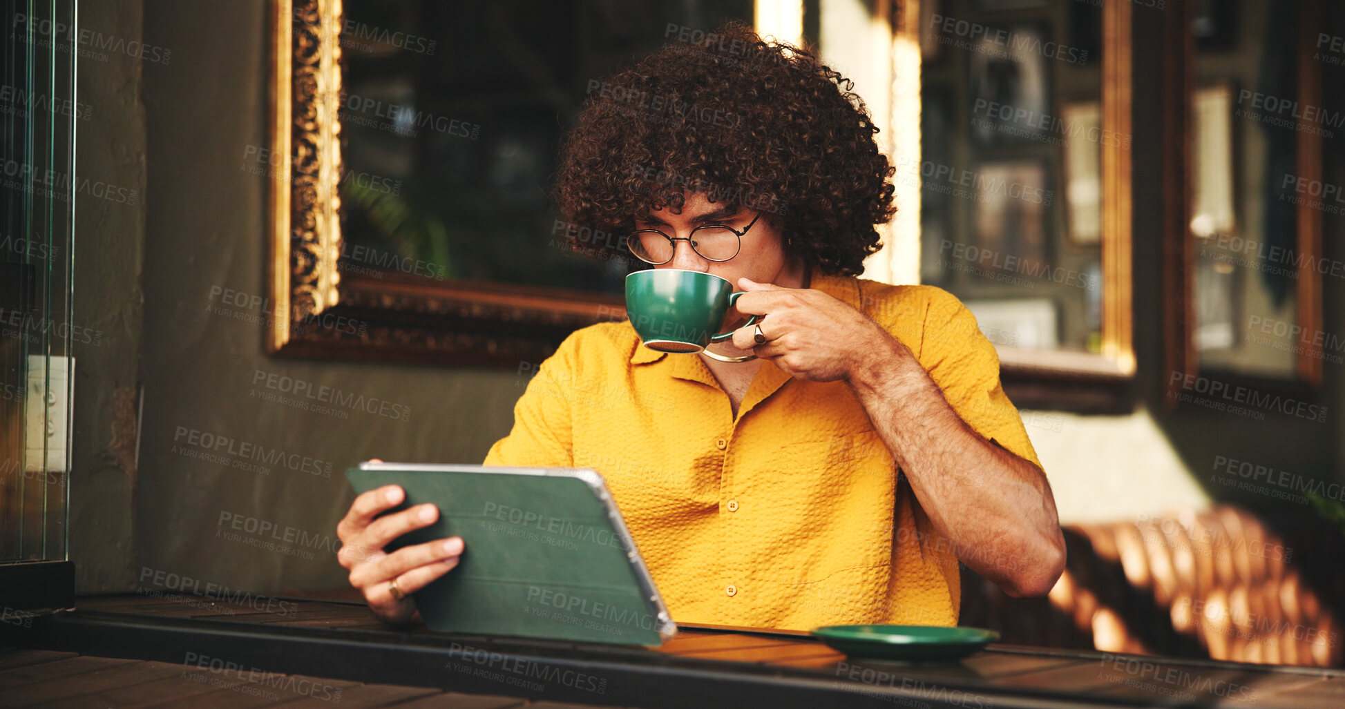 Buy stock photo Student, coffee and tablet with man in cafe on campus for college research, education or learning portal. University website, reading and drinking with person in restaurant for online and scholarship