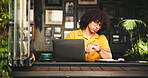 Student, time and laptop with man in cafe on campus for college research, education or learning portal. University website, watch and deadline with person in restaurant for online and scholarship