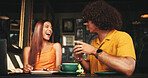 Date, laptop and laughing with couple in coffee shop together for bonding, love or romance. Computer, conversation or funny with man and woman in cafe or restaurant for hospitality, relax and service