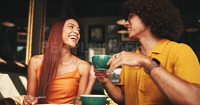 Buy stock photo Cafe, couple and tea with laughing for joke, bonding together and connection with diary. Restaurant, woman and man with happiness for coffee drink, funny conversation and date in relationship
