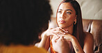 Thinking, woman and couple on date, coffee shop and disappointed in relationship, unhappy and store. Serious, people and contemplating break up in cafe, silent treatment and customer with partner
