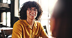 Friends, happy and man in cafe talking for conversation, discussion and social chat at coffee shop on campus. College, student and person speaking for bonding, relationship and relax on break
